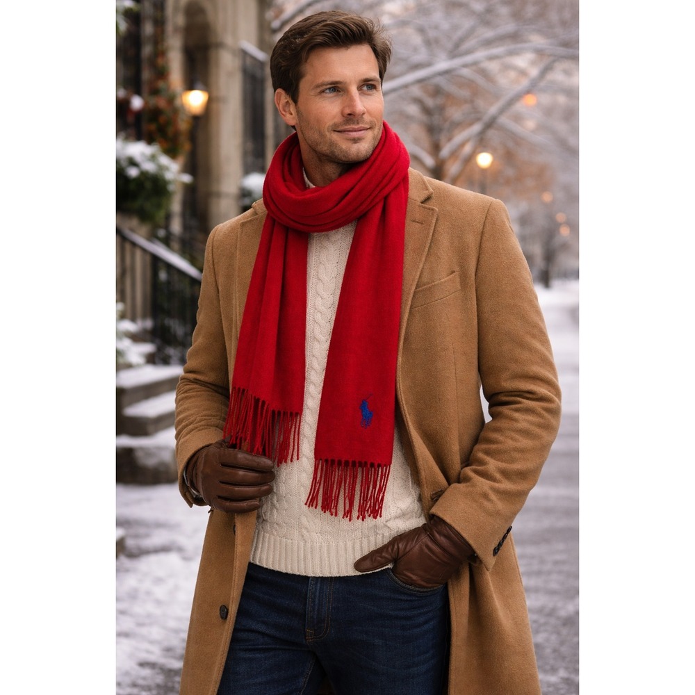 Vintage Polo Ralph Lauren Mens Quiet Luxury Lambswool Fringe Scarf Red Americana